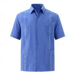 Hot OUKU Men's Shirt Guayabera Shirt Light Yellow Black White Light Green Pink Short Sleeve Turndown School Performance Embroidered Clothing Apparel Elegant Vacation Vintage Neutral