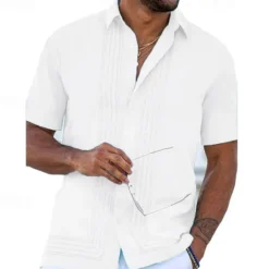 New OUKU Men's Shirt Guayabera Shirt Summer Shirt Button Up Shirt White Pink Blue Short Sleeve Tribal Turndown Outdoor Street Button-Down Clothing Apparel Fashion Chinese Style Casual Breathable