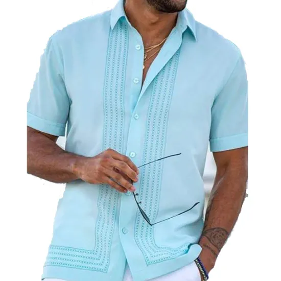 New OUKU Men's Shirt Guayabera Shirt Summer Shirt Button Up Shirt White Pink Blue Short Sleeve Tribal Turndown Outdoor Street Button-Down Clothing Apparel Fashion Chinese Style Casual Breathable