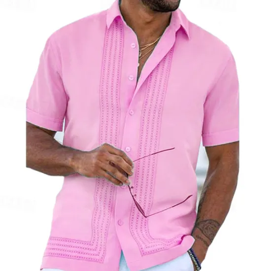 New OUKU Men's Shirt Guayabera Shirt Summer Shirt Button Up Shirt White Pink Blue Short Sleeve Tribal Turndown Outdoor Street Button-Down Clothing Apparel Fashion Chinese Style Casual Breathable