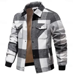 Best OUKU Men's Shirt Jacket Casual Jacket Flannel Fleece Jacket Casual Daily Sexy Fall & Winter Color Block Plaid / Striped / Chevron / Round Casual Lapel Regular Black Royal Blue Khaki Jacket