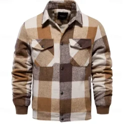 Best OUKU Men's Shirt Jacket Casual Jacket Flannel Fleece Jacket Casual Daily Sexy Fall & Winter Color Block Plaid / Striped / Chevron / Round Casual Lapel Regular Black Royal Blue Khaki Jacket