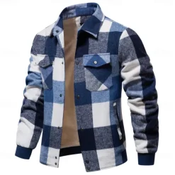 Best OUKU Men's Shirt Jacket Casual Jacket Flannel Fleece Jacket Casual Daily Sexy Fall & Winter Color Block Plaid / Striped / Chevron / Round Casual Lapel Regular Black Royal Blue Khaki Jacket