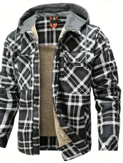 New OUKU Men's Shirt Jacket Fleece Jacket Shacket Formal Home Warm Hooded Winter Spring & Fall Grid / Plaid Vintage Western Style Shirt Collar Regular Red Navy Blue Green Khaki Dark Grey Jacket