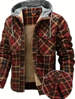 New OUKU Men's Shirt Jacket Fleece Jacket Shacket Formal Home Warm Hooded Winter Spring & Fall Grid / Plaid Vintage Western Style Shirt Collar Regular Red Navy Blue Green Khaki Dark Grey Jacket