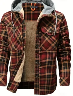New OUKU Men's Shirt Jacket Fleece Jacket Shacket Formal Home Warm Hooded Winter Spring & Fall Grid / Plaid Vintage Western Style Shirt Collar Regular Red Navy Blue Green Khaki Dark Grey Jacket