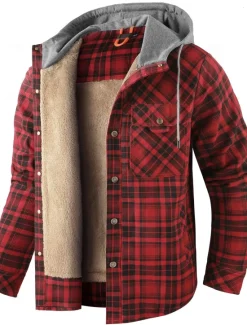 New OUKU Men's Shirt Jacket Fleece Jacket Shacket Formal Home Warm Hooded Winter Spring & Fall Grid / Plaid Vintage Western Style Shirt Collar Regular Red Navy Blue Green Khaki Dark Grey Jacket