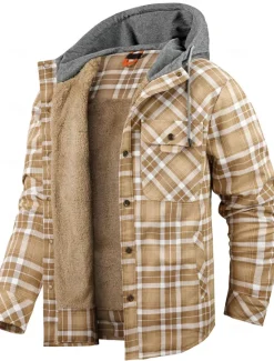 New OUKU Men's Shirt Jacket Fleece Jacket Shacket Formal Home Warm Hooded Winter Spring & Fall Grid / Plaid Vintage Western Style Shirt Collar Regular Red Navy Blue Green Khaki Dark Grey Jacket