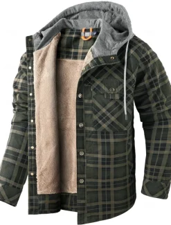 New OUKU Men's Shirt Jacket Fleece Jacket Shacket Formal Home Warm Hooded Winter Spring & Fall Grid / Plaid Vintage Western Style Shirt Collar Regular Red Navy Blue Green Khaki Dark Grey Jacket