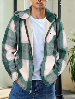 New OUKU Men's Shirt Jacket Hoodied Jacket Shacket Flannel Fleece Jacket Daily Vacation Thermal Warm Hooded Fall & Winter Plaid Checkered Fashion Streetwear Lapel Regular Black Dark Red Light Green Red Blue