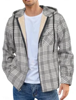 New OUKU Men's Shirt Jacket Hoodied Jacket Shacket Flannel Fleece Jacket Daily Vacation Thermal Warm Hooded Fall & Winter Plaid Checkered Fashion Streetwear Lapel Regular Black Dark Red Light Green Red Blue