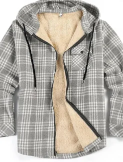 New OUKU Men's Shirt Jacket Hoodied Jacket Shacket Flannel Fleece Jacket Daily Vacation Thermal Warm Hooded Fall & Winter Plaid Checkered Fashion Streetwear Lapel Regular Black Dark Red Light Green Red Blue