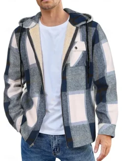 New OUKU Men's Shirt Jacket Hoodied Jacket Shacket Flannel Fleece Jacket Daily Vacation Thermal Warm Hooded Fall & Winter Plaid Checkered Fashion Streetwear Lapel Regular Black Dark Red Light Green Red Blue