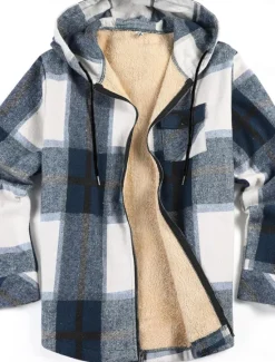 New OUKU Men's Shirt Jacket Hoodied Jacket Shacket Flannel Fleece Jacket Daily Vacation Thermal Warm Hooded Fall & Winter Plaid Checkered Fashion Streetwear Lapel Regular Black Dark Red Light Green Red Blue