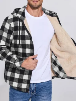 New OUKU Men's Shirt Jacket Hoodied Jacket Shacket Flannel Fleece Jacket Daily Vacation Thermal Warm Hooded Fall & Winter Plaid Checkered Fashion Streetwear Lapel Regular Black Dark Red Light Green Red Blue