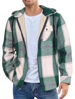 New OUKU Men's Shirt Jacket Hoodied Jacket Shacket Flannel Fleece Jacket Daily Vacation Thermal Warm Hooded Fall & Winter Plaid Checkered Fashion Streetwear Lapel Regular Black Dark Red Light Green Red Blue