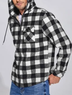New OUKU Men's Shirt Jacket Hoodied Jacket Shacket Flannel Fleece Jacket Daily Vacation Thermal Warm Hooded Fall & Winter Plaid Checkered Fashion Streetwear Lapel Regular Black Dark Red Light Green Red Blue