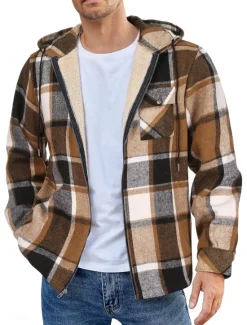 New OUKU Men's Shirt Jacket Hoodied Jacket Shacket Flannel Fleece Jacket Daily Vacation Thermal Warm Hooded Fall & Winter Plaid Checkered Fashion Streetwear Lapel Regular Black Dark Red Light Green Red Blue