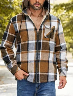 New OUKU Men's Shirt Jacket Hoodied Jacket Shacket Flannel Fleece Jacket Daily Vacation Thermal Warm Hooded Fall & Winter Plaid Checkered Fashion Streetwear Lapel Regular Black Dark Red Light Green Red Blue
