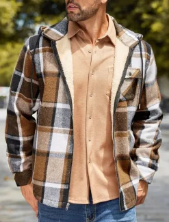 New OUKU Men's Shirt Jacket Hoodied Jacket Shacket Flannel Fleece Jacket Daily Vacation Thermal Warm Hooded Fall & Winter Plaid Checkered Fashion Streetwear Lapel Regular Black Dark Red Light Green Red Blue