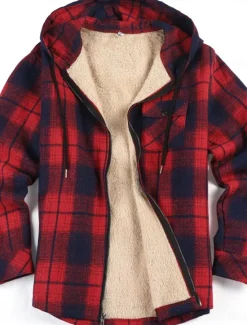 New OUKU Men's Shirt Jacket Hoodied Jacket Shacket Flannel Fleece Jacket Daily Vacation Thermal Warm Hooded Fall & Winter Plaid Checkered Fashion Streetwear Lapel Regular Black Dark Red Light Green Red Blue