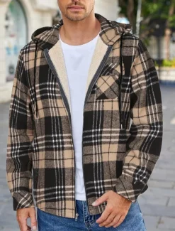 New OUKU Men's Shirt Jacket Hoodied Jacket Shacket Flannel Fleece Jacket Daily Vacation Thermal Warm Hooded Fall & Winter Plaid Checkered Fashion Streetwear Lapel Regular Black Dark Red Light Green Red Blue