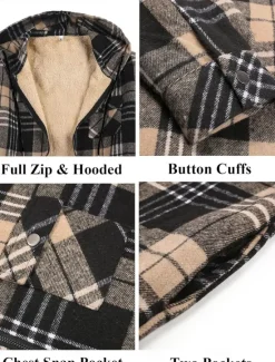 New OUKU Men's Shirt Jacket Hoodied Jacket Shacket Flannel Fleece Jacket Daily Vacation Thermal Warm Hooded Fall & Winter Plaid Checkered Fashion Streetwear Lapel Regular Black Dark Red Light Green Red Blue