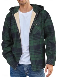 New OUKU Men's Shirt Jacket Hoodied Jacket Shacket Flannel Fleece Jacket Daily Vacation Thermal Warm Hooded Fall & Winter Plaid Checkered Fashion Streetwear Lapel Regular Black Dark Red Light Green Red Blue