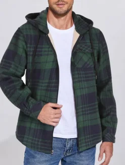 New OUKU Men's Shirt Jacket Hoodied Jacket Shacket Flannel Fleece Jacket Daily Vacation Thermal Warm Hooded Fall & Winter Plaid Checkered Fashion Streetwear Lapel Regular Black Dark Red Light Green Red Blue
