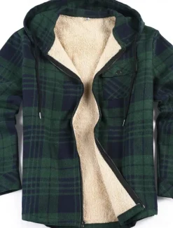 New OUKU Men's Shirt Jacket Hoodied Jacket Shacket Flannel Fleece Jacket Daily Vacation Thermal Warm Hooded Fall & Winter Plaid Checkered Fashion Streetwear Lapel Regular Black Dark Red Light Green Red Blue