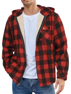 New OUKU Men's Shirt Jacket Hoodied Jacket Shacket Flannel Fleece Jacket Daily Vacation Thermal Warm Hooded Fall & Winter Plaid Checkered Fashion Streetwear Lapel Regular Black Dark Red Light Green Red Blue