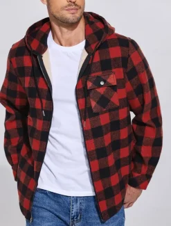 New OUKU Men's Shirt Jacket Hoodied Jacket Shacket Flannel Fleece Jacket Daily Vacation Thermal Warm Hooded Fall & Winter Plaid Checkered Fashion Streetwear Lapel Regular Black Dark Red Light Green Red Blue