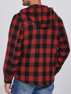 New OUKU Men's Shirt Jacket Hoodied Jacket Shacket Flannel Fleece Jacket Daily Vacation Thermal Warm Hooded Fall & Winter Plaid Checkered Fashion Streetwear Lapel Regular Black Dark Red Light Green Red Blue