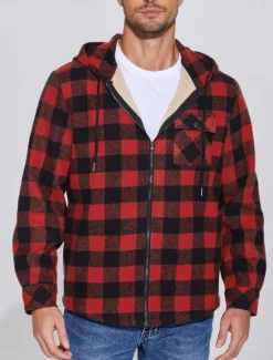 New OUKU Men's Shirt Jacket Hoodied Jacket Shacket Flannel Fleece Jacket Daily Vacation Thermal Warm Hooded Fall & Winter Plaid Checkered Fashion Streetwear Lapel Regular Black Dark Red Light Green Red Blue