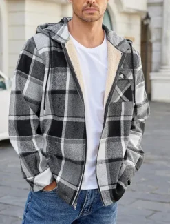 New OUKU Men's Shirt Jacket Hoodied Jacket Shacket Flannel Fleece Jacket Daily Vacation Thermal Warm Hooded Fall & Winter Plaid Checkered Fashion Streetwear Lapel Regular Black Dark Red Light Green Red Blue