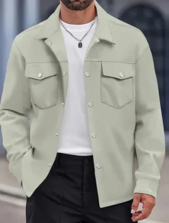 OUKU Men's Shirt Jacket Overshirts Transition Jacket Daily Lightweight Pocket Spring Plain Classic Lapel Regular Black Yellow Navy Blue Green Jacket