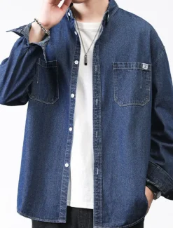 Online OUKU Men's Shirt Jacket Overshirt Denim Shirt Plain Outdoor Daily Black Blue Dark Blue Long Sleeve Lapel Spring & Fall Clothing Apparel Pocket