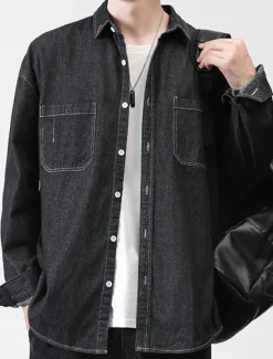 Online OUKU Men's Shirt Jacket Overshirt Denim Shirt Plain Outdoor Daily Black Blue Dark Blue Long Sleeve Lapel Spring & Fall Clothing Apparel Pocket