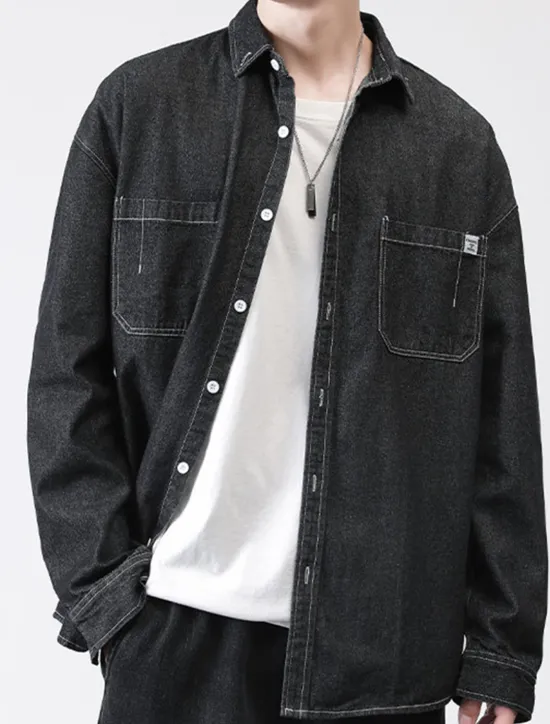 Online OUKU Men's Shirt Jacket Overshirt Denim Shirt Plain Outdoor Daily Black Blue Dark Blue Long Sleeve Lapel Spring & Fall Clothing Apparel Pocket