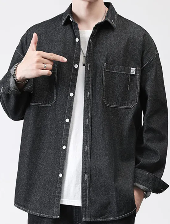 Online OUKU Men's Shirt Jacket Overshirt Denim Shirt Plain Outdoor Daily Black Blue Dark Blue Long Sleeve Lapel Spring & Fall Clothing Apparel Pocket