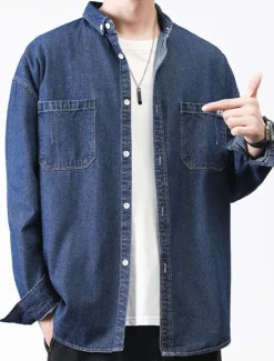 Online OUKU Men's Shirt Jacket Overshirt Denim Shirt Plain Outdoor Daily Black Blue Dark Blue Long Sleeve Lapel Spring & Fall Clothing Apparel Pocket