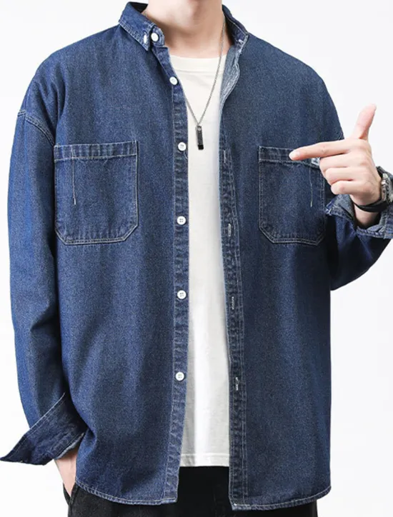 Online OUKU Men's Shirt Jacket Overshirt Denim Shirt Plain Outdoor Daily Black Blue Dark Blue Long Sleeve Lapel Spring & Fall Clothing Apparel Pocket