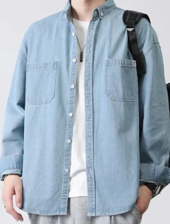 Online OUKU Men's Shirt Jacket Overshirt Denim Shirt Plain Outdoor Daily Black Blue Dark Blue Long Sleeve Lapel Spring & Fall Clothing Apparel Pocket