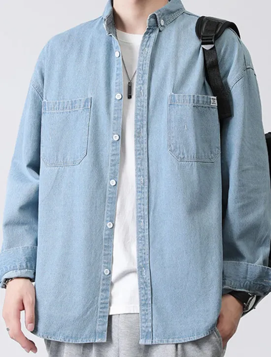 Online OUKU Men's Shirt Jacket Overshirt Denim Shirt Plain Outdoor Daily Black Blue Dark Blue Long Sleeve Lapel Spring & Fall Clothing Apparel Pocket