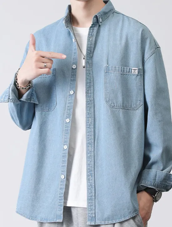 Online OUKU Men's Shirt Jacket Overshirt Denim Shirt Plain Outdoor Daily Black Blue Dark Blue Long Sleeve Lapel Spring & Fall Clothing Apparel Pocket