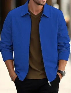 New OUKU Men's Shirt Jacket Overshirts Transition Jacket Daily Wear Lightweight Pocket Spring Plain Streetwear Lapel Regular Waffle Fabric Black White Blue Khaki Gray Jacket