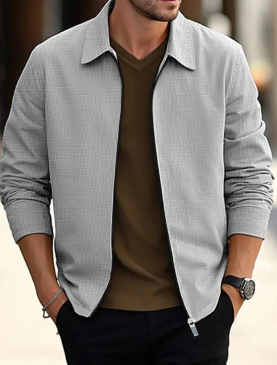 New OUKU Men's Shirt Jacket Overshirts Transition Jacket Daily Wear Lightweight Pocket Spring Plain Streetwear Lapel Regular Waffle Fabric Black White Blue Khaki Gray Jacket