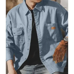 Best OUKU Men's Shirt Jacket Overshirts Transition Jacket Daily Lightweight Pocket Summer Spring Plain Classic Lapel Apricot Black Navy Blue Blue Dark Green Jacket