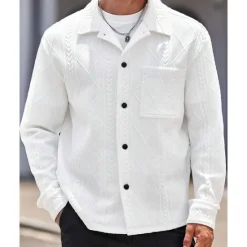 Online OUKU Men's Shirt Jacket Overshirt Jacket Plain Vacation Daily Wear Long Sleeve Lapel Fall & Winter Clothing Apparel Jacquard White