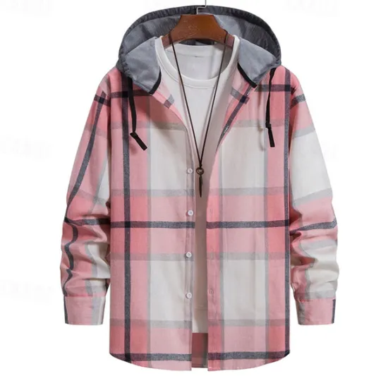 Online OUKU Men's Shirt Jacket Overshirt Plaid Outdoor Daily Pink Purple Green Khaki Long Sleeve Hooded Spring & Fall Clothing Apparel Print